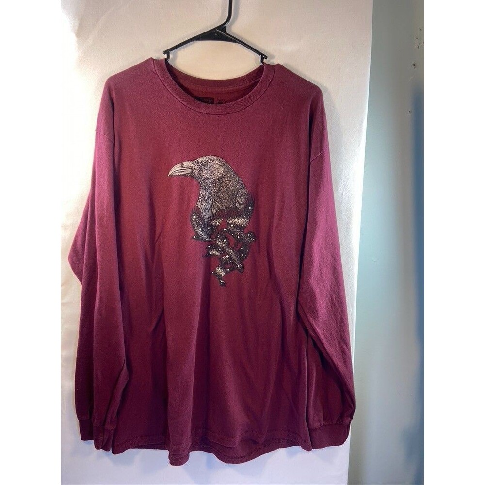 STORMY KROMER MENS LARGE LONG SLEEVE BURGANDY T SHIRT CROW PRINT